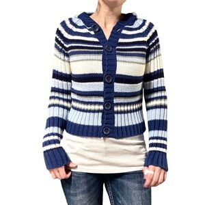 It’s Our Time | Y2K Blue Striped Knit Button Front Cropped Hooded Sweater